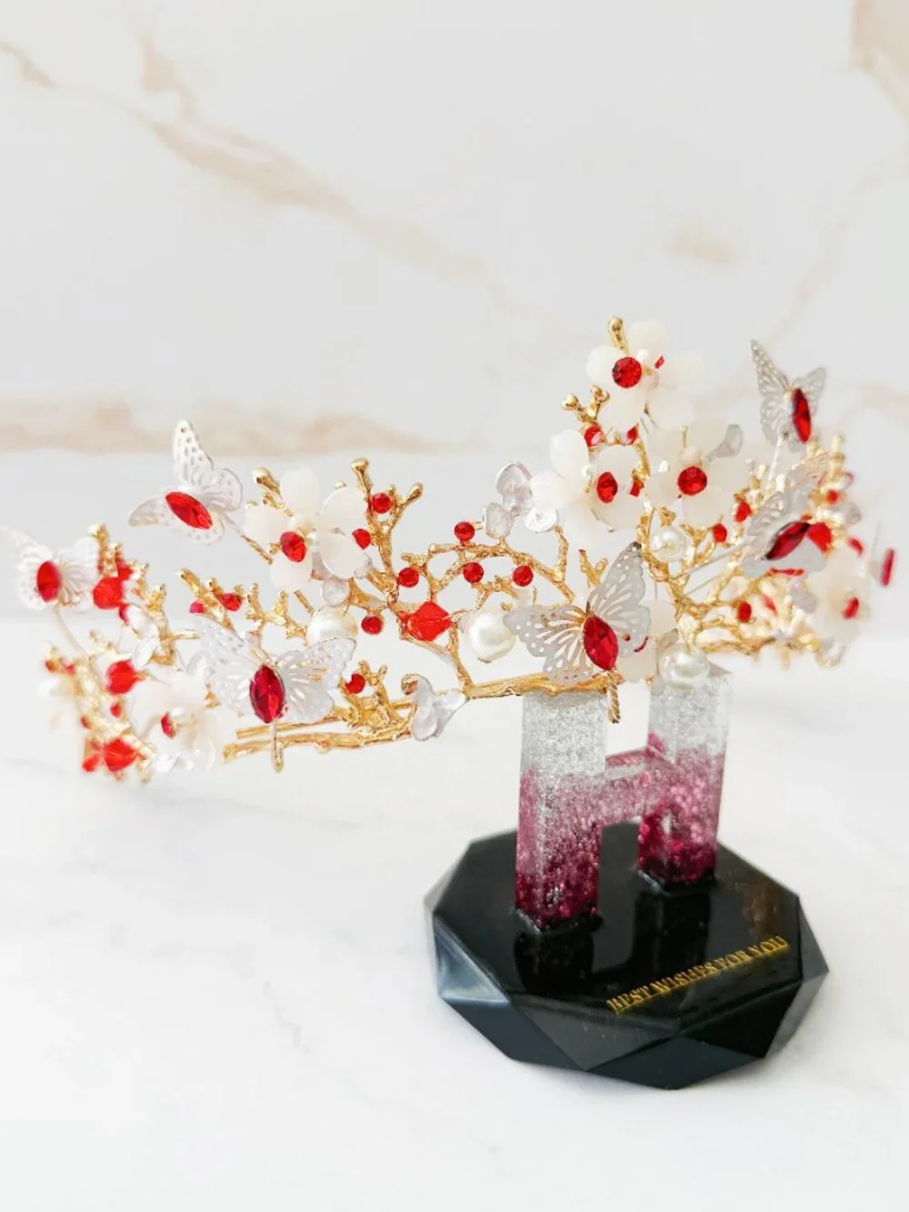 Red Crystal Butterfly Crown, Gold Floral Tiara, Wedding Bridal Headpiece